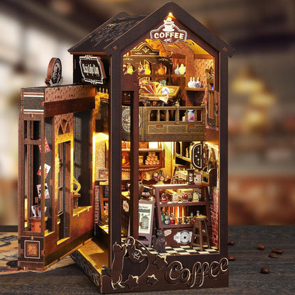 ISSEVE Book Nook Kit - DIY Miniature Dollhouse Booknook for Adults Teen, 3D Wooden Puzzle Tiny House Kit Bookshelf Decor, Gifts for Men Women Halloween Christmas Birthday (Coffee Shop)