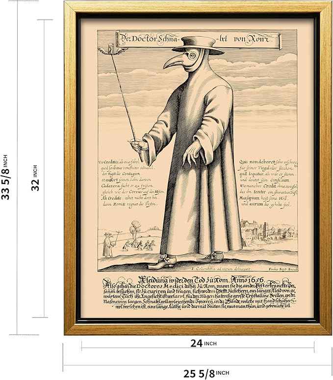 Poster Master Doctor Schnabel from Rome Canvas - Retro Plague Doctor Print - Medieval Art - Gift for Men & Women - Great Wall Decor for Dorm, Living Room or Bedroom - 24x32 Gold Framed Canvas