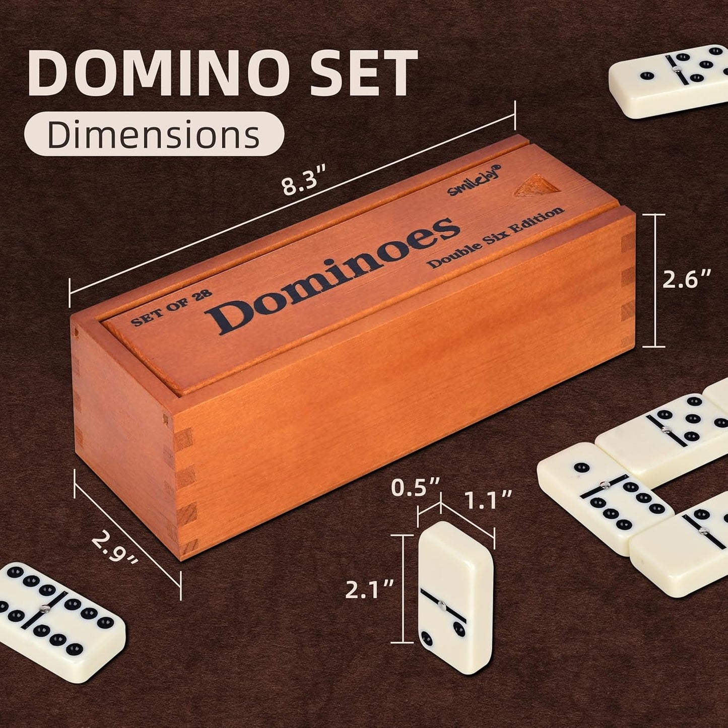 Smilejoy Dominos Set for Adults -Jumbo Size Dominoes Double Six Edition- Classic Board Games- Thick Size Double 6 Domino Set with Deluxe Brown Wood Box, 28 Tiles (2-4 Players)