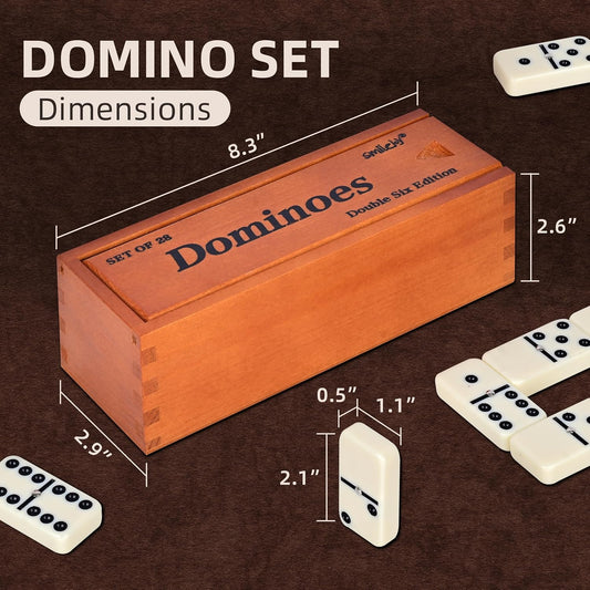Smilejoy Dominos Set for Adults -Jumbo Size Dominoes Double Six Edition- Classic Board Games- Thick Size Double 6 Domino Set with Deluxe Brown Wood Box, 28 Tiles (2-4 Players)
