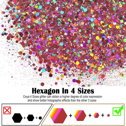 Ceya Holographic Chunky Glitter, 4.9oz/ 140g Pink Mauve Craft Glitter Powder Mixed Fine Flakes Iridescent Nail Sequins for Roses Nail Art, Hair, Epoxy Resin, Tumblers, Slime, Painting, Festival Decor