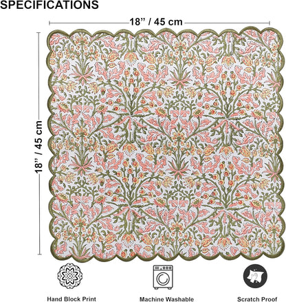 Ridhi Sassy Salmon Pink Hand Block Print Napkins 18" x 18" Set of 4 Reusable Cotton Dinner Napkins for Weddings, Parties & Everyday Dining, Thanksgiving, Christmas, Fall