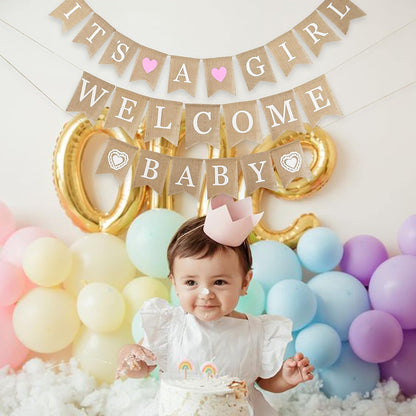MEEDEE Burlap Banner Welcome Baby Girls Banner Rustic Baby Shower Party Favors Decorations Banners and Signs Baby Shower Bunting Pink (3 Pieces) - Crafty Corner