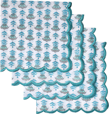 Ridhi Aquamarine Blue Hand Block Print Napkins 18" x 18" Set of 4 Reusable Cotton Dinner Napkins for Weddings, Parties & Everyday Dining, Thanksgiving, Christmas, Fall