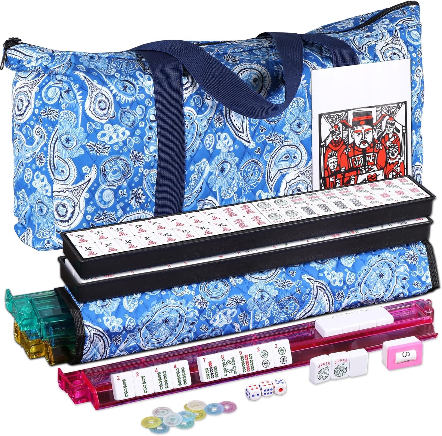 Smartxchoices 166 Tiles Mah Jongg Set American Mahjong, 4 All-in-One Mahjong Racks with Pushers, Mahjongg Game with Soft Velour Blue Bag, Western Mah Jongg Tiles
