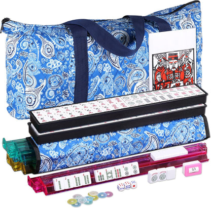 Smartxchoices 166 Tiles Mah Jongg Set American Mahjong, 4 All-in-One Mahjong Racks with Pushers, Mahjongg Game with Soft Velour Blue Bag, Western Mah Jongg Tiles