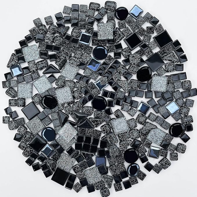 LITMIND 1.1 LB Black Irregular Glass Mosaic Tiles with Backing, Assorted Mosaic Shapes for Creative Crafts – Ideal for Adult Mosaic Kits, Puzzles, and Artwork Projects