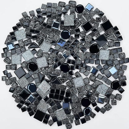 LITMIND 1.1 LB Black Irregular Glass Mosaic Tiles with Backing, Assorted Mosaic Shapes for Creative Crafts – Ideal for Adult Mosaic Kits, Puzzles, and Artwork Projects