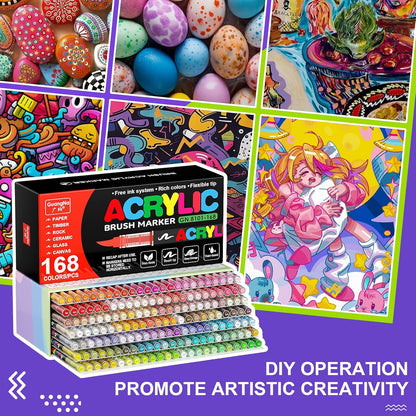 DICEKOO 168 Colors Acrylic Paint Markers, Soft Brush Tip Pens with Automatic Ink Control System, Waterproof, Quick-Drying, Lightfast, for Rock Painting, Canvas, Wood, Egg & DIY Crafts Art Supplies