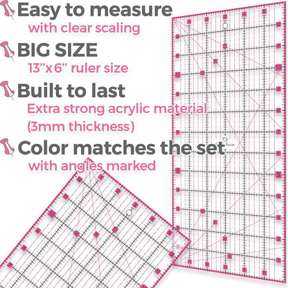 Rotary Cutter Set pink - Quilting Kit incl. 45mm Fabric Cutter, 5 Replacement Blades, A3 Cutting Mat, Acrylic Ruler and Craft Clips - Ideal for Crafting, Sewing, Patchworking, Crochet & Knitting y