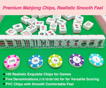 American Mahjong Tile Set – Complete 166 Tiles with Deluxe Accessories, 4 Racks, 100 Colorful Chips, Instruction Book & 1+3 Mahjong-Themed Storage Bags, Portable Mahjong Set for Family Fun & Holidays