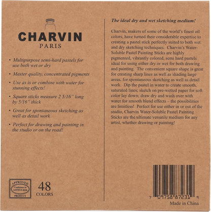 Charvin Artist Colored Chalk Pastels (Set of 48) - Water Soluble, Assorted Pastel Color Sticks for Wet, & Dry Painting