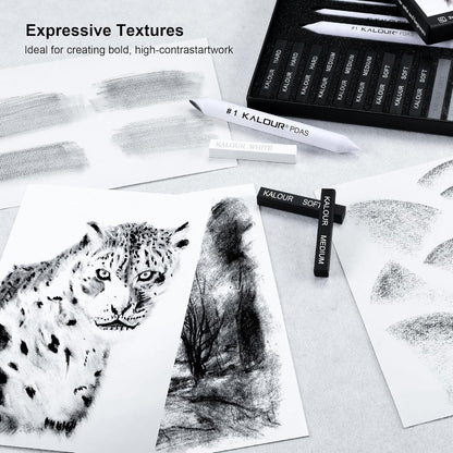 KALOUR 15 Pro Compressed Charcoal Drawing Set with Blending Stumps- Soft,Medium,Hard and White Charcoal - Charcoal Sticks for Drawing Sketching Shading - Art Supplies for Artists Beginners Adults