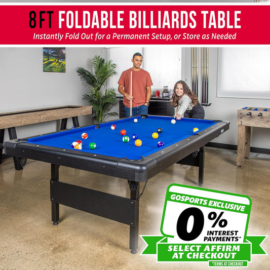 GoSports 6, 7, or 8 ft Billiards Tables - No Assembly, Choose Your Color - Portable Pool Table Includes Full Set of Balls, 2 Cue Sticks, Chalk and Felt Brush