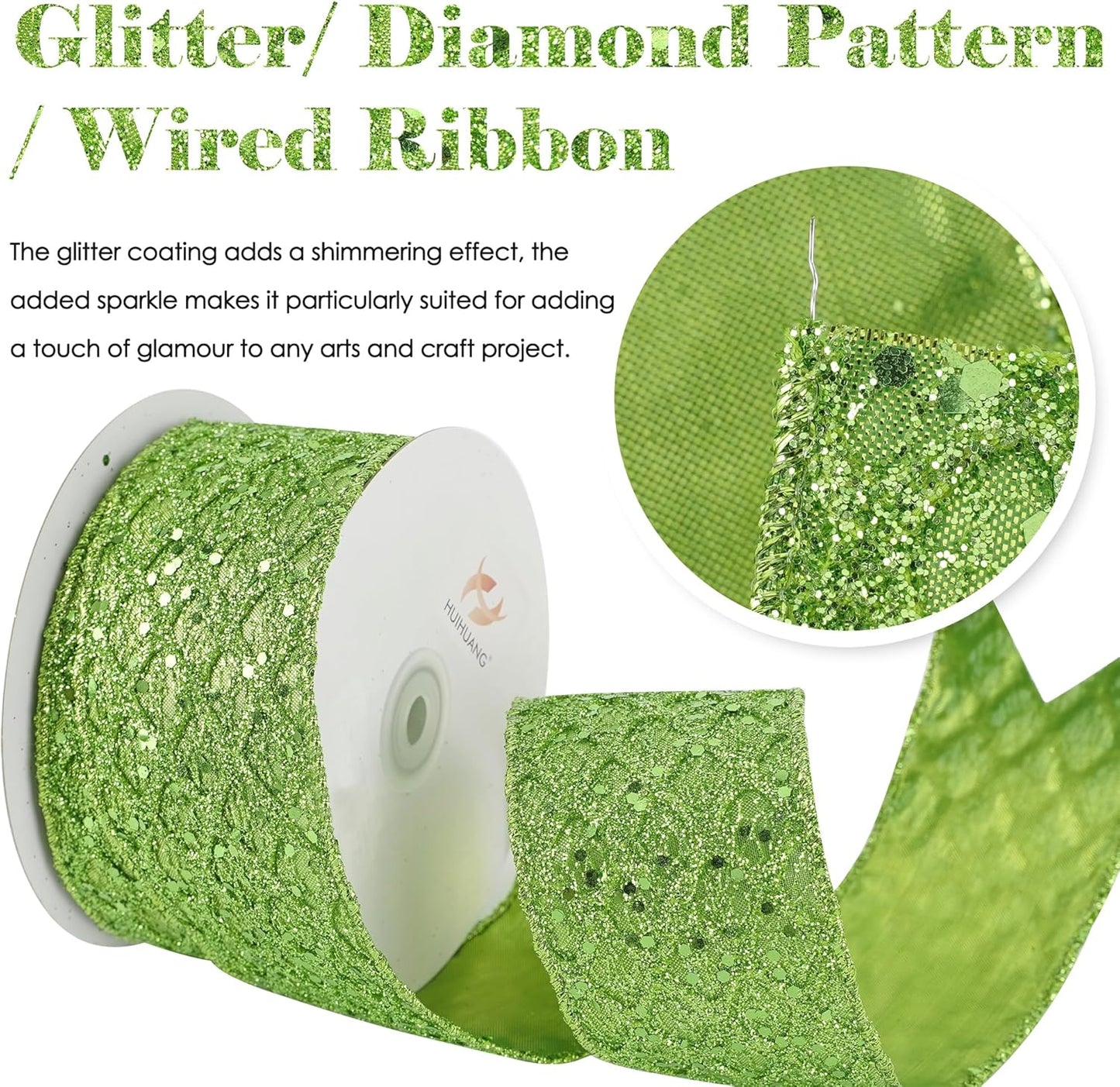 HUIHUANG Lime Green Wired Ribbon for Christmas Tree 2.5 inch Lime Green Glitter Diamond Mesh Ribbon for Tree Decoration, Wreaths, Garland, Gift Wrapping, Bows Making, Halloween Decor -10 Yards - Crafty Corner