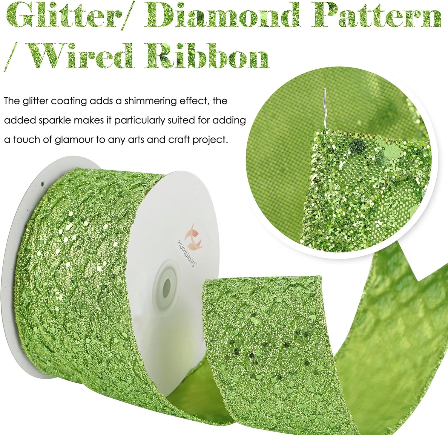 HUIHUANG Lime Green Wired Ribbon for Christmas Tree 2.5 inch Lime Green Glitter Diamond Mesh Ribbon for Tree Decoration, Wreaths, Garland, Gift Wrapping, Bows Making, Halloween Decor -10 Yards - Crafty Corner