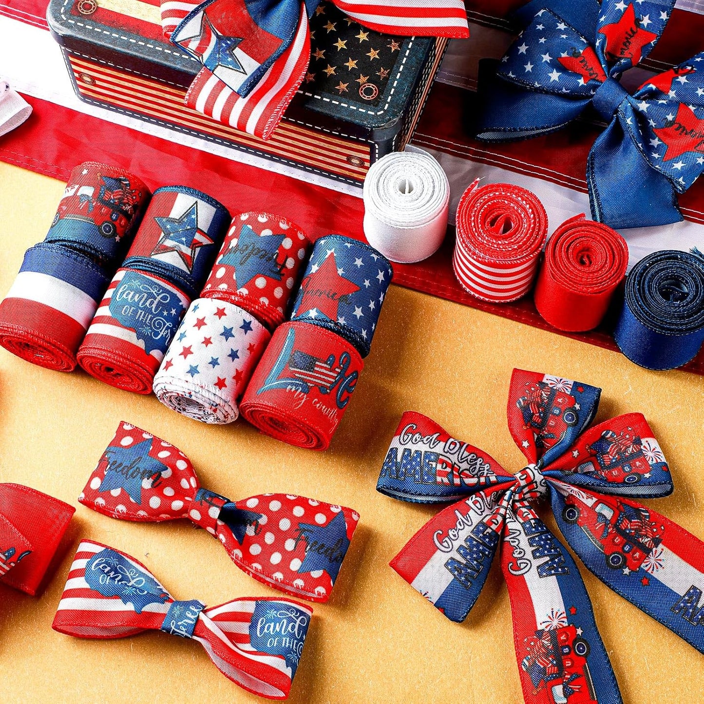 12 Rolls 60 Yards 4th of July Patriotic Ribbon Stars and Stripes Burlap Wired Edge Ribbon White Blue Red Decorative Crafts for Independence Day Memorial Day Gift Wrapping DIY Bow Craft - Crafty Corner