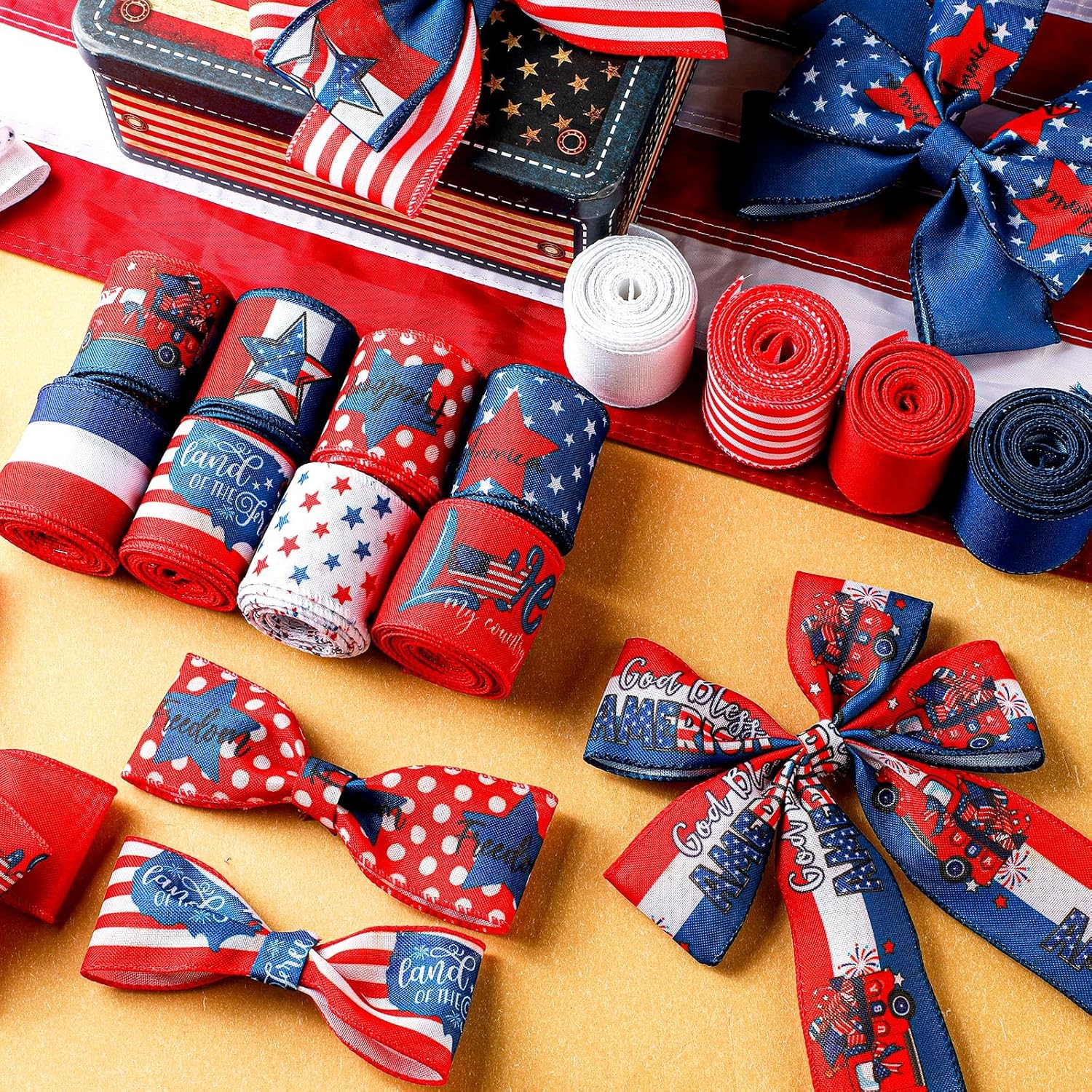 12 Rolls 60 Yards 4th of July Patriotic Ribbon Stars and Stripes Burlap Wired Edge Ribbon White Blue Red Decorative Crafts for Independence Day Memorial Day Gift Wrapping DIY Bow Craft - Crafty Corner