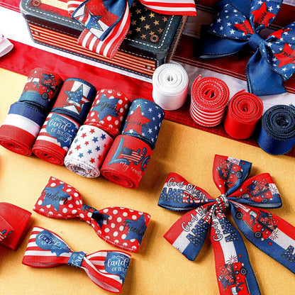 12 Rolls 60 Yards 4th of July Patriotic Ribbon Stars and Stripes Burlap Wired Edge Ribbon White Blue Red Decorative Crafts for Independence Day Memorial Day Gift Wrapping DIY Bow Craft - Crafty Corner