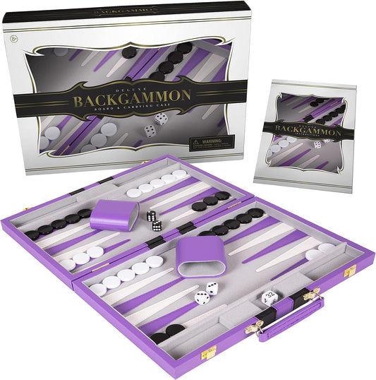 Backgammon Set 11 inch, Small - Classic Board Game for Adults and Kids with Premium Leather Case - Includes Strategy & Tip Guide (Purple)