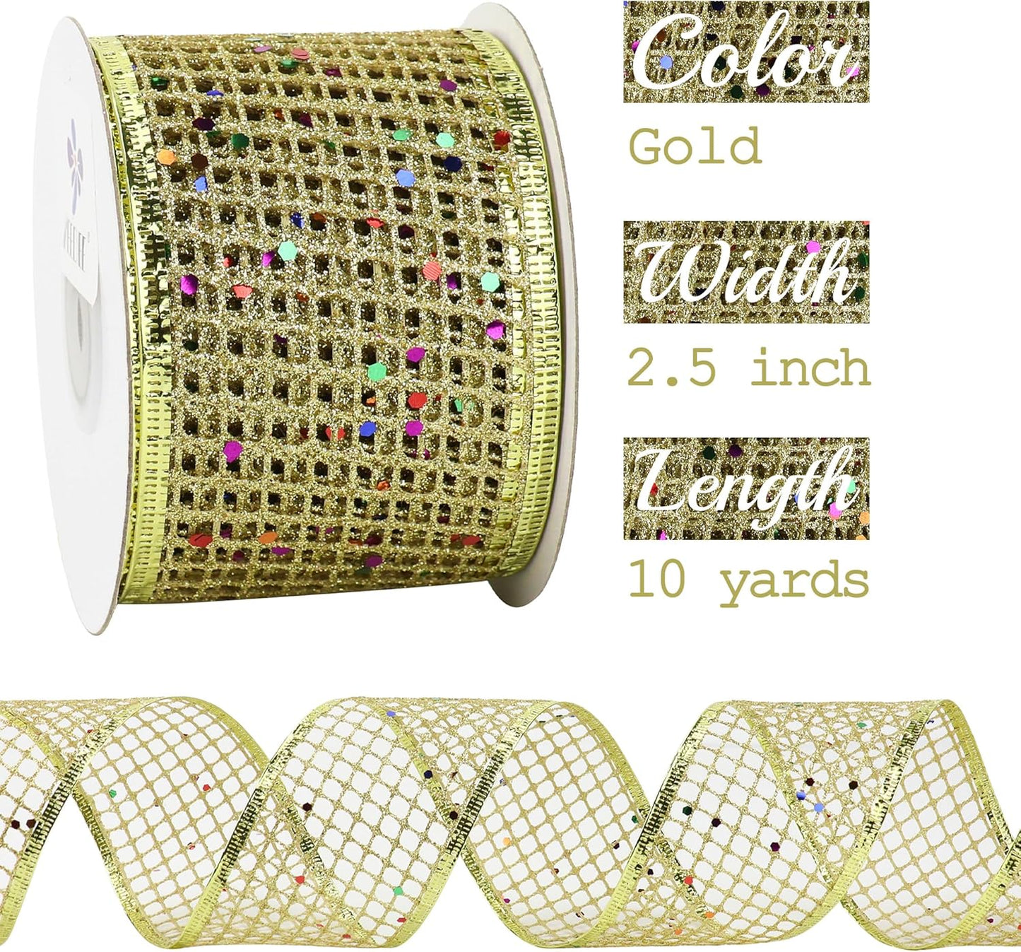 MEEDEE Gold Glitter Ribbon Gold Christmas Ribbon 2.5 Inch Square Mesh Net Wired Ribbon with Rainbow Sparkle Gold Wired Ribbon Gold Ribbon for Christmas Tree Decoration, Wreath Bow Making (10 Yards) - Crafty Corner