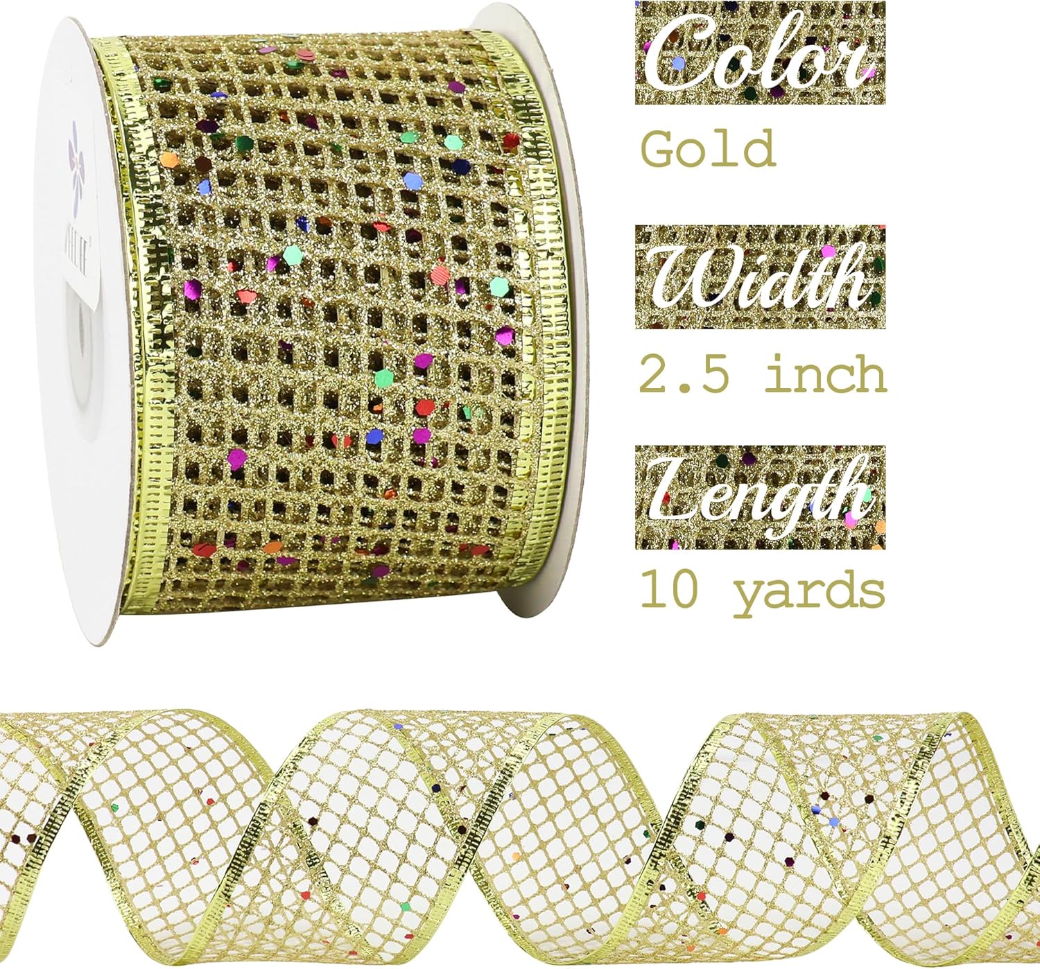 MEEDEE Gold Glitter Ribbon Gold Christmas Ribbon 2.5 Inch Square Mesh Net Wired Ribbon with Rainbow Sparkle Gold Wired Ribbon Gold Ribbon for Christmas Tree Decoration, Wreath Bow Making (10 Yards) - Crafty Corner