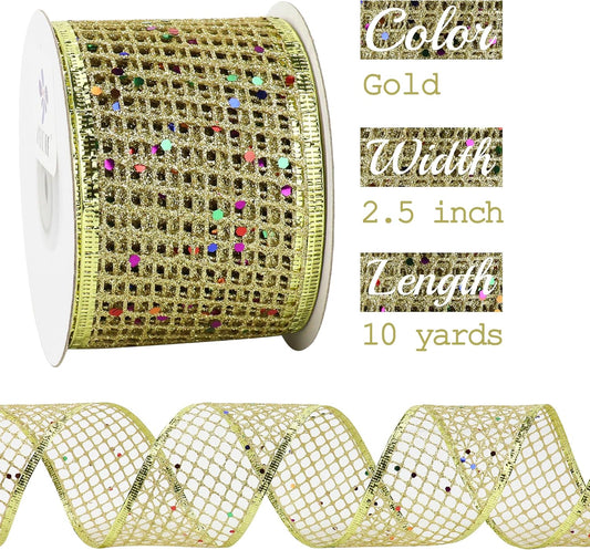 MEEDEE Gold Glitter Ribbon Gold Christmas Ribbon 2.5 Inch Square Mesh Net Wired Ribbon with Rainbow Sparkle Gold Wired Ribbon Gold Ribbon for Christmas Tree Decoration, Wreath Bow Making (10 Yards) - Crafty Corner