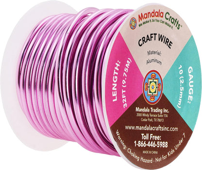 Mandala Crafts 10 Gauge Anodized Aluminum Craft Wire for Jewelry Making - 32 FT Colored Flexible Pink Wire - Bendable for Bonsai Armature Crafting Sculpting - Crafty Corner