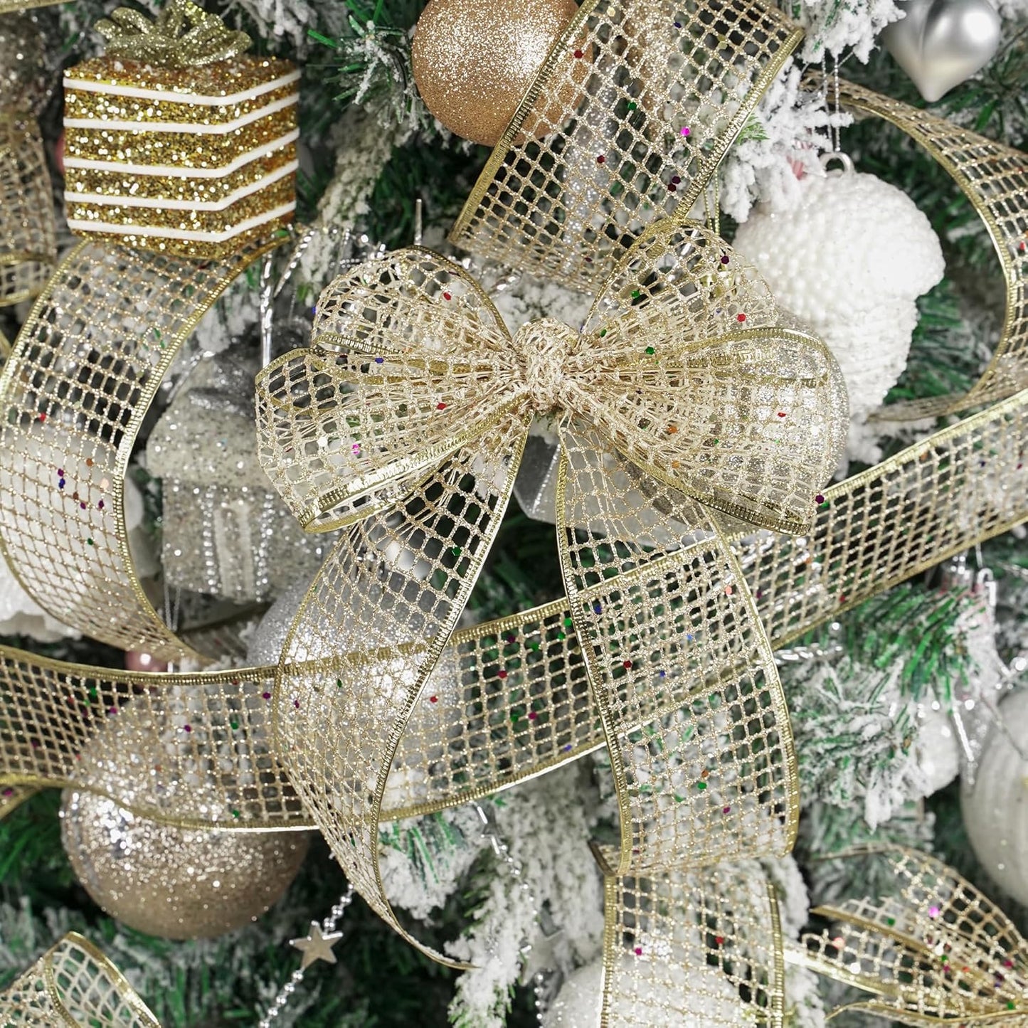 MEEDEE Champagne Gold Glitter Ribbon - 2.5 Inch Square Mesh Net Wired Ribbon with Rainbow Sparkle for Christmas Tree Decoration, Wreath Bow Making (25 Yards) - Crafty Corner