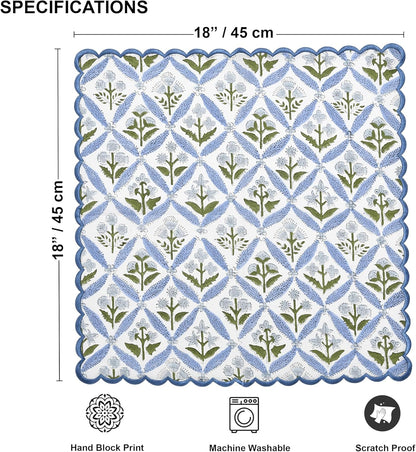 Ridhi Light Steel Blue Hand Block Print Napkins 18" x 18" Set of 4 Reusable Cotton Dinner Napkins for Weddings, Parties & Everyday Dining, Thanksgiving, Christmas, Fall