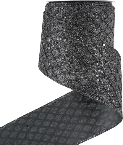 HUIHUANG Black Glitter Wired Ribbon 4 inch Black Christmas Tree Ribbon Diamond Mesh Wire Ribbon for Tree Decorations, Wreaths, Garland, Large Bows Making, Halloween Decor -10 Yards - Crafty Corner