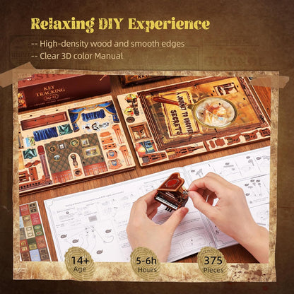 3D Wooden Puzzle Book Nook Kit with LED Light, DIY Miniature Bookshelf Insert Décor for Display, Unique Craft Gift for Adults and Teens (Key Tracking)