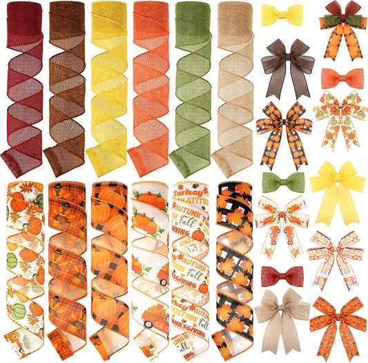 12 Rolls Fall Wired Edge Ribbon for Wreaths 2 Inch x 60 Yards Maple Leaves Pumpkin Turkey Print Ribbon Thanksgiving Plaid Crafts for Autumn Harvest Party Decoration Supplies, 12 Styles - Crafty Corner