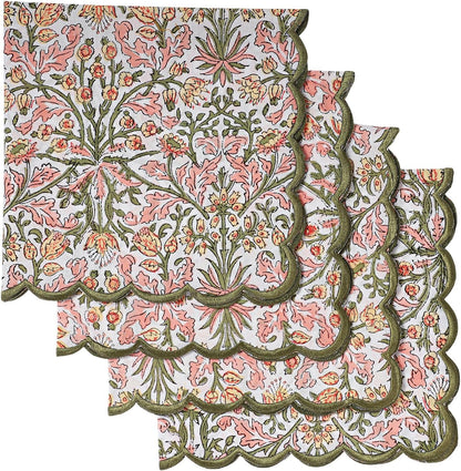 Ridhi Sassy Salmon Pink Hand Block Print Napkins 18" x 18" Set of 4 Reusable Cotton Dinner Napkins for Weddings, Parties & Everyday Dining, Thanksgiving, Christmas, Fall