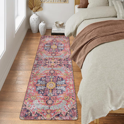 Lahome Bohemian Floral Medallion Runner Rug - 2x6 Hot Pink Hallway Runner Laundry Mat, Machine Washable Non-Slip Soft Indoor Carpet for Bathroom Bedside Basement Camper Home Decor, Fuchsia/Multi