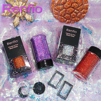 Renfio Holographic Glitter, 2.11oz/60g Medium Size Chunky Mix Ultra Fine for Crafts, St Patrick's Day, Resin, PET Flakes for Nail Art, Tumblers, Slime - Laser Green