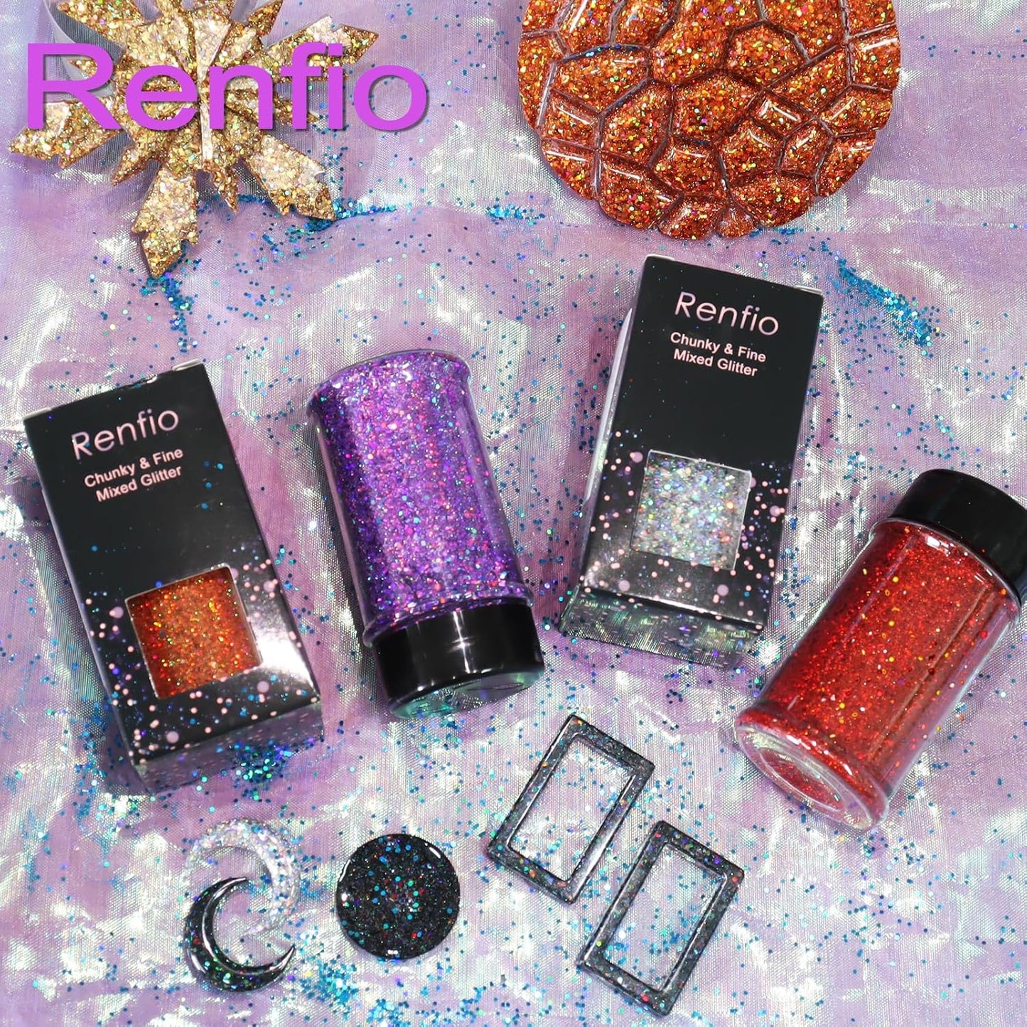 Renfio Holographic Glitter, 2.11oz/60g Medium Size Chunky Mix, Ultra Fine Gold Sequins for Crafts, Christmas, Resin, PET Flakes for Nail Art, Tumblers, Slime - Laser Gold