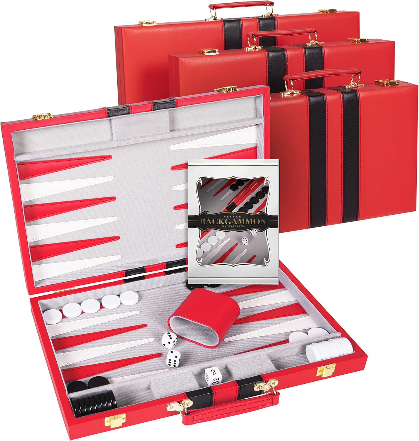 Backgammon Set 15 inch, Medium - Classic Board Game for Adults and Kids with Premium Leather Case - Includes Strategy & Tip Guide (Red)