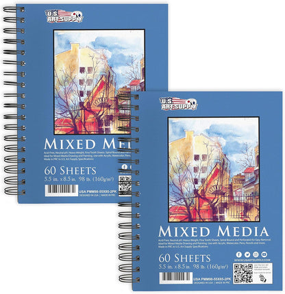 U.S. Art Supply 5.5"x8.5" Mixed Media Sketchbook, 2 Pack (60 Sheets), 98 lb (160 GSM) - Spiral-Bound Pad with Perforated Acid-Free Paper - Artist Sketch Book for Drawing, Painting, Watercolor - Crafty Corner