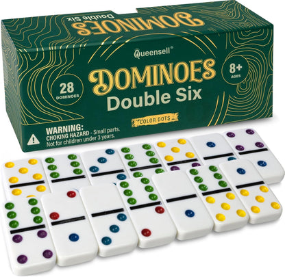 Queensell Dominos Set for Adults with Colored Dots - Double 6 Dominoes Set is a Classic Board Games for Kids and Adults - Double Six Standard Dominos Set 28 Tiles