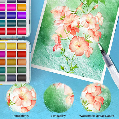 Caliart Watercolor Paint Set, 50 Colors Portable Travel Water Color Palette Kit with Detail Painting Brush, Art Supplies Christmas Gifts for Artists Adults Painters Beginners