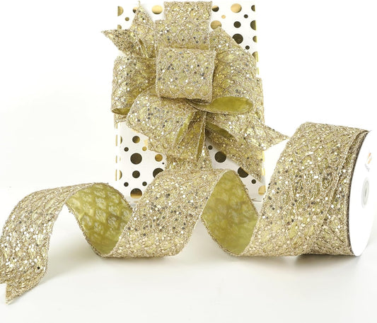 HUIHUANG Champagne Glitter Wired Ribbon for Christmas Tree 2.5 inch Champagne Gold Diamond Mesh Ribbon for Tree Decoration, Wreaths, Garland, Gift Wrapping, Bows Making, Home Decor -10 Yards - Crafty Corner
