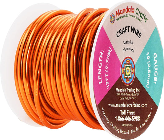 Mandala Crafts 10 Gauge Anodized Aluminum Craft Wire for Jewelry Making - 32 FT Colored Flexible Orange Wire - Bendable for Bonsai Armature Crafting Sculpting - Crafty Corner