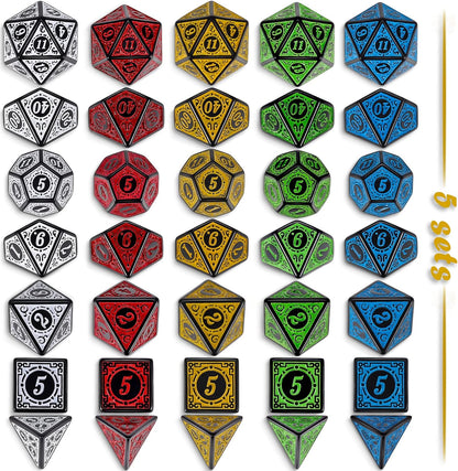 CiaraQ Polyhedral Dice with 5 Pouches, 5 Sets of Retro Dice for MTG DND Board Games, 35 Pieces