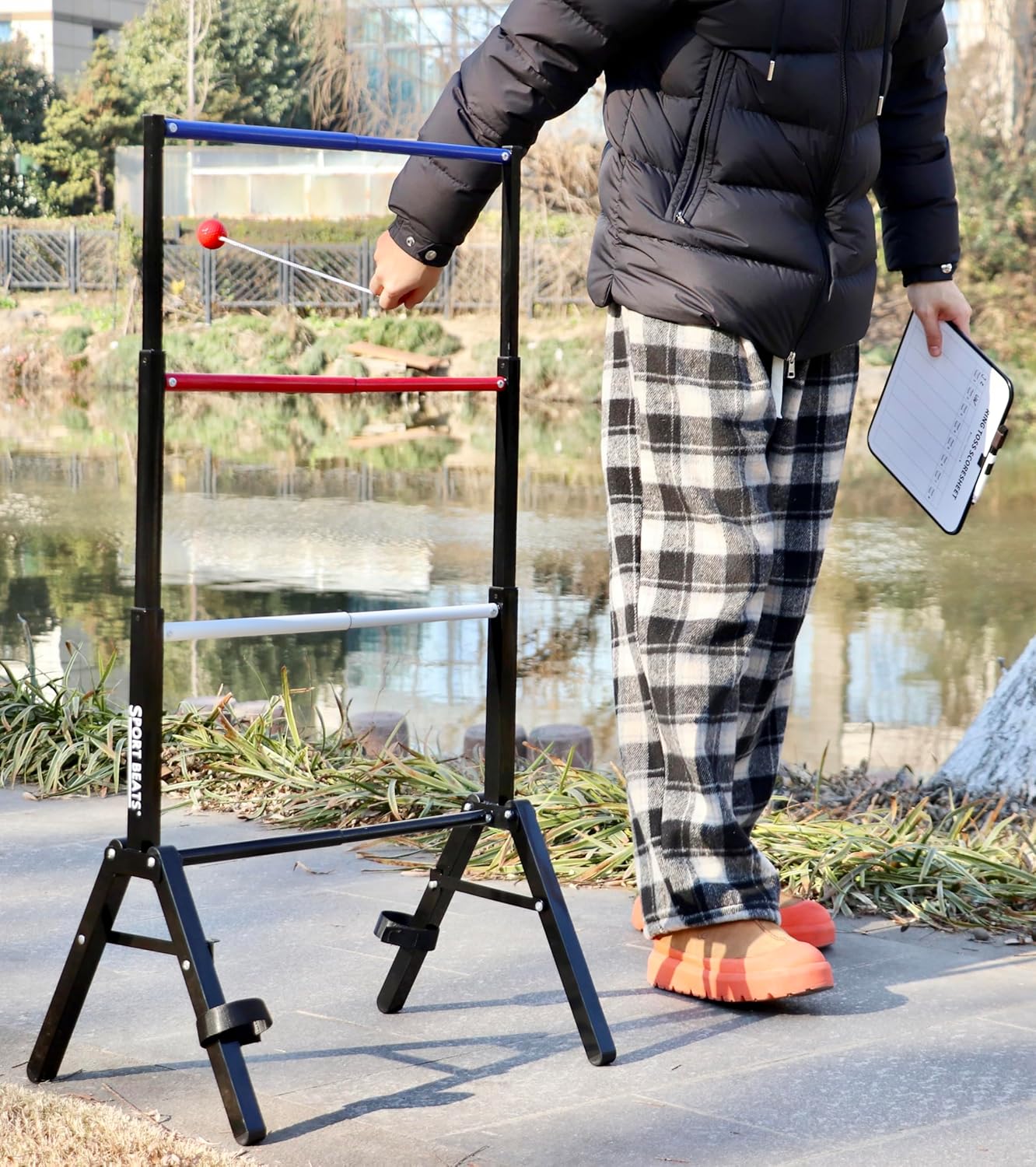 Outdoor Games Ladder Ball Set - Patented Assembly Free Portable Ladder Toss - Steel Frame Includes Carrying Case, 6 Bolas and Scoresheet
