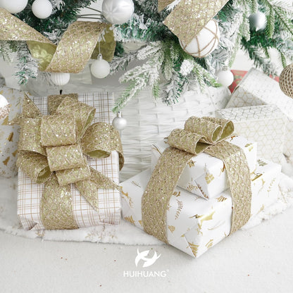 HUIHUANG Champagne Glitter Wired Ribbon for Christmas Tree 2.5 inch Champagne Gold Diamond Mesh Ribbon for Tree Decoration, Wreaths, Garland, Gift Wrapping, Bows Making, Home Decor -10 Yards - Crafty Corner