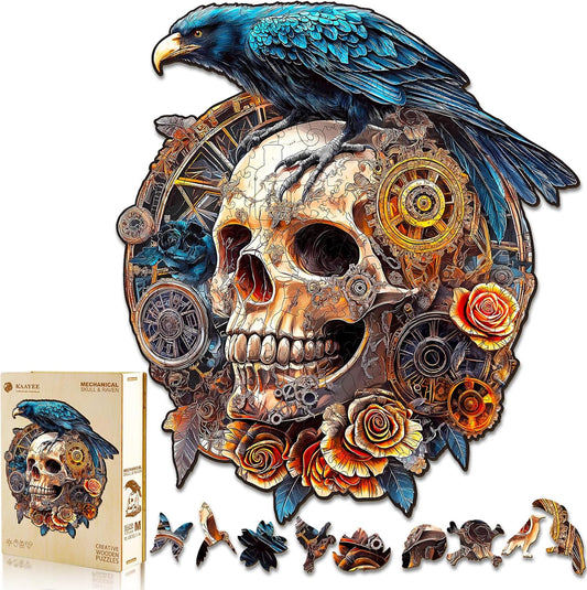 KAAYEE Wooden Puzzles for Adults, Raven & Mechanical Skull Wooden Jigsaw Puzzle 355 PCS Unique Shape Wood Puzzles Adult, 3D Visual Effect Flat Puzzle Birthday Gifts Family Games (XL-17.3 * 15.4in)