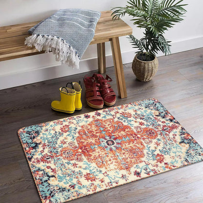 Lahome Bohemian Floral Medallion Area Rug - 2x3 Oriental Distressed Small Bath Rug Country Vintage Doormat Faux Wool Non-Slip Washable Low-Pile Carpet for Bathroom Kitchen Laundry Room Decor