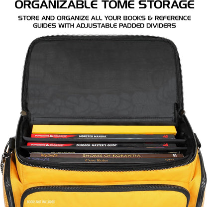 ENHANCE Collector's Edition RPG Adventurer's DnD Bag - Dragon Hide Exterior Travel RPG Bag with Tabletop Miniatures Storage Vault, Mat Holder, DnD Dice & Token Pockets, Fits 4-8 Books (Dragon Gold)