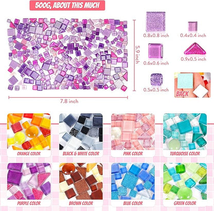 Glass Mosaic Tiles Crafts: Pre-Cut Waterproof Purple 300 Pieces for DIY Outdoor Home & Garden Art Projects - Decor Patio Stepping Stones Kits - Mother Gifts & Family Bonding Activities